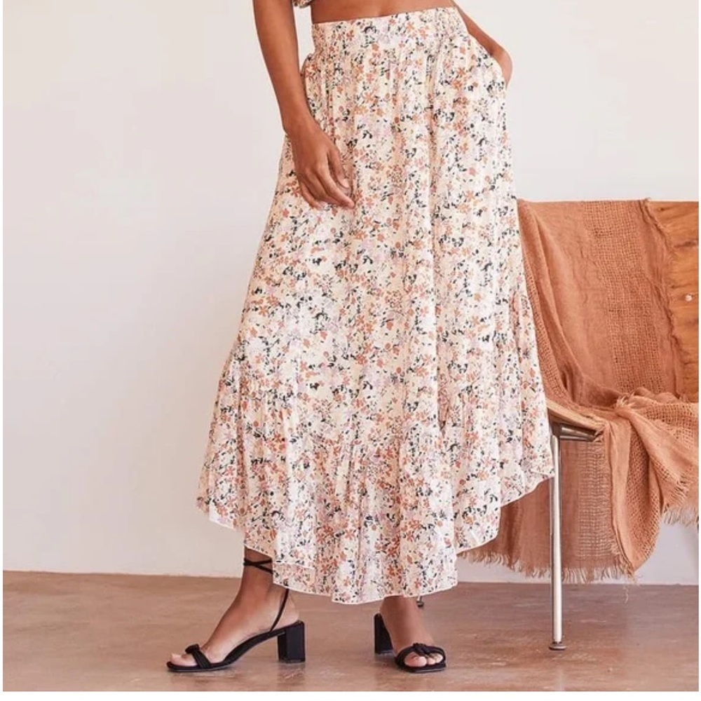Free People Ivory Floral Print Maxi Skirt Elastic Band size XS